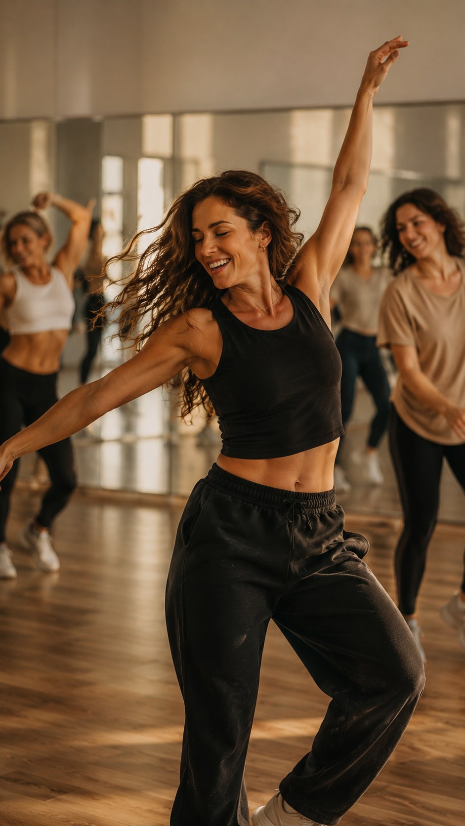 Joyful dancer in golden studio light